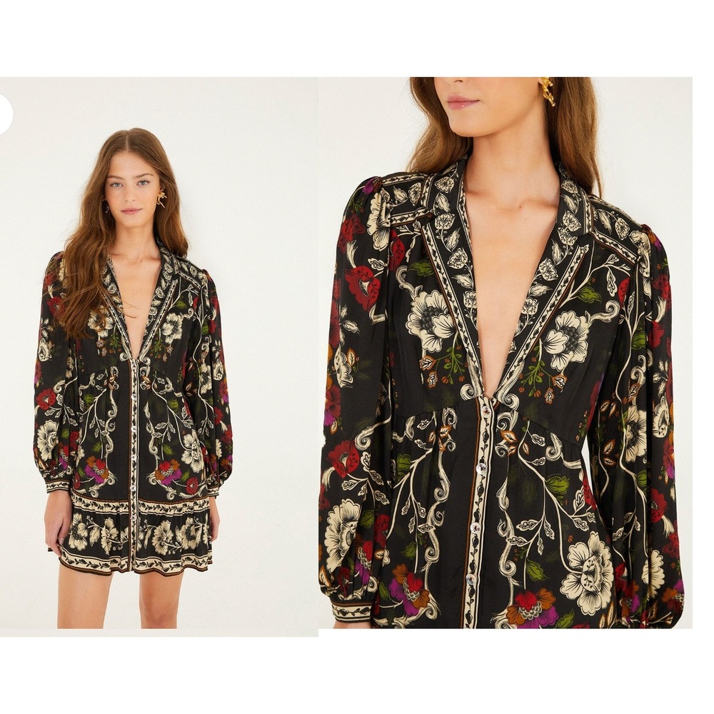 NEW FARM Rio Rococo Flowers Black Mini Dress Floral M